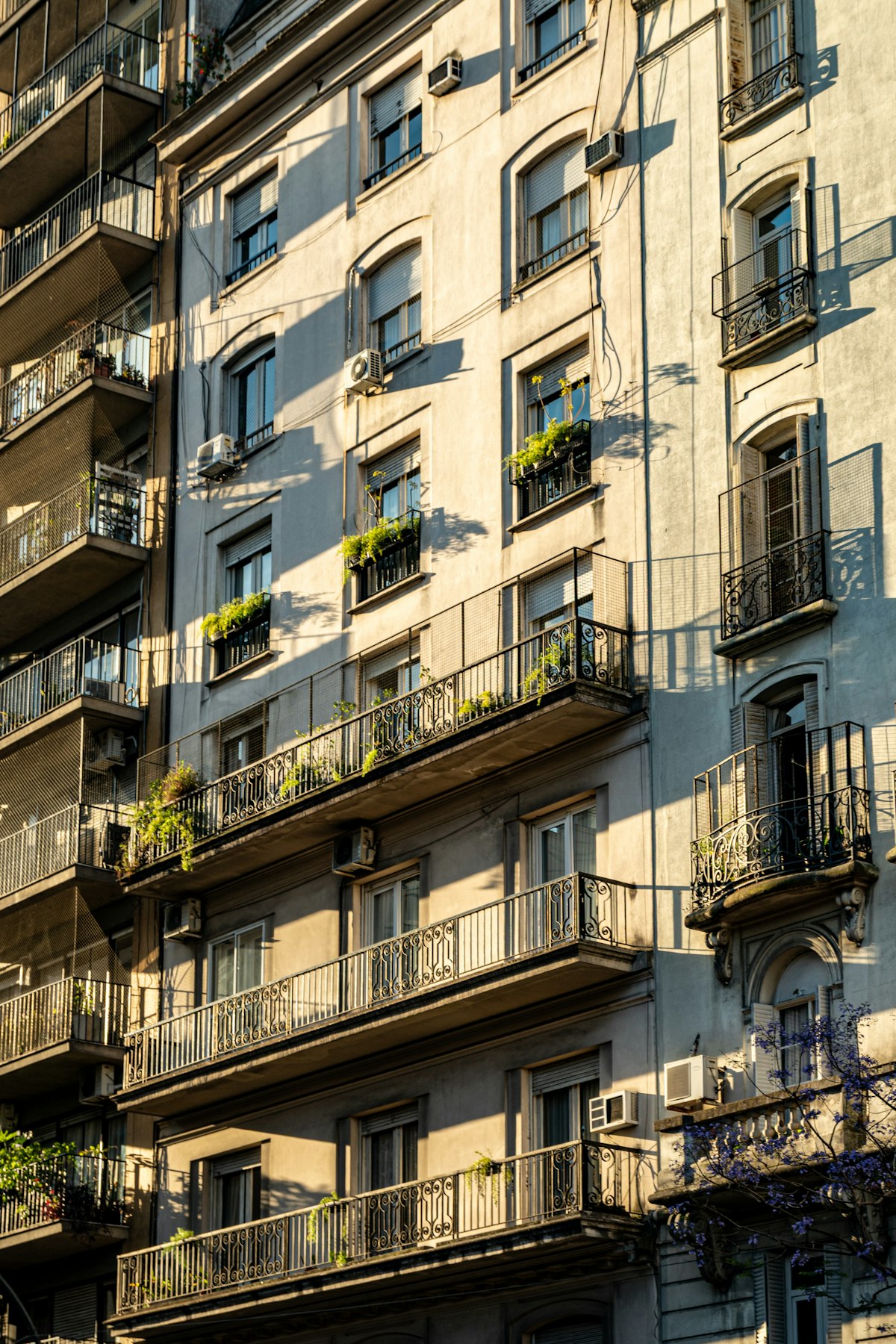 Balconies with plants on a residential building in Buenos Aires.